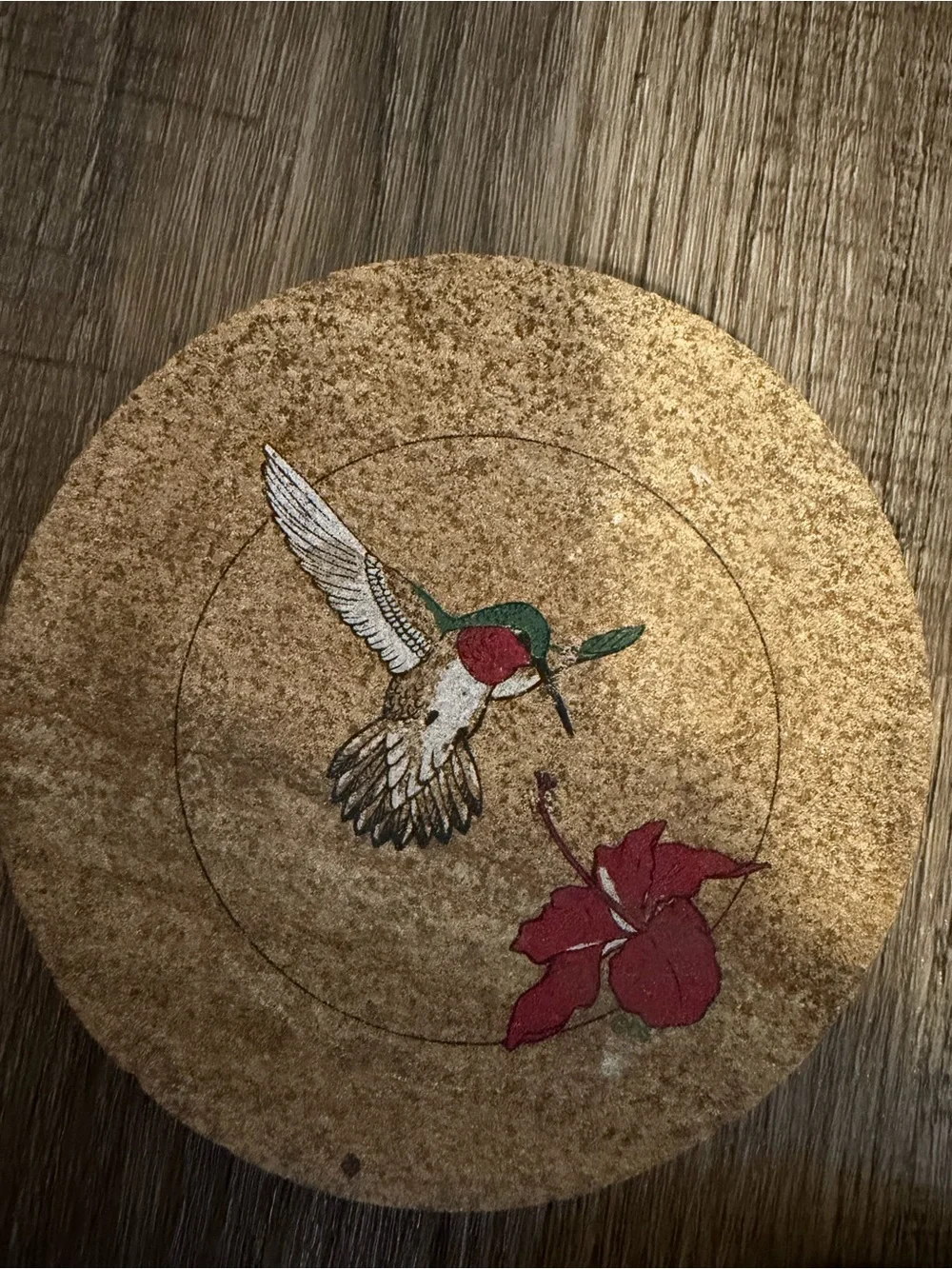 Natural Cork Coaster Set with Hummingbird and Red Flower Accents